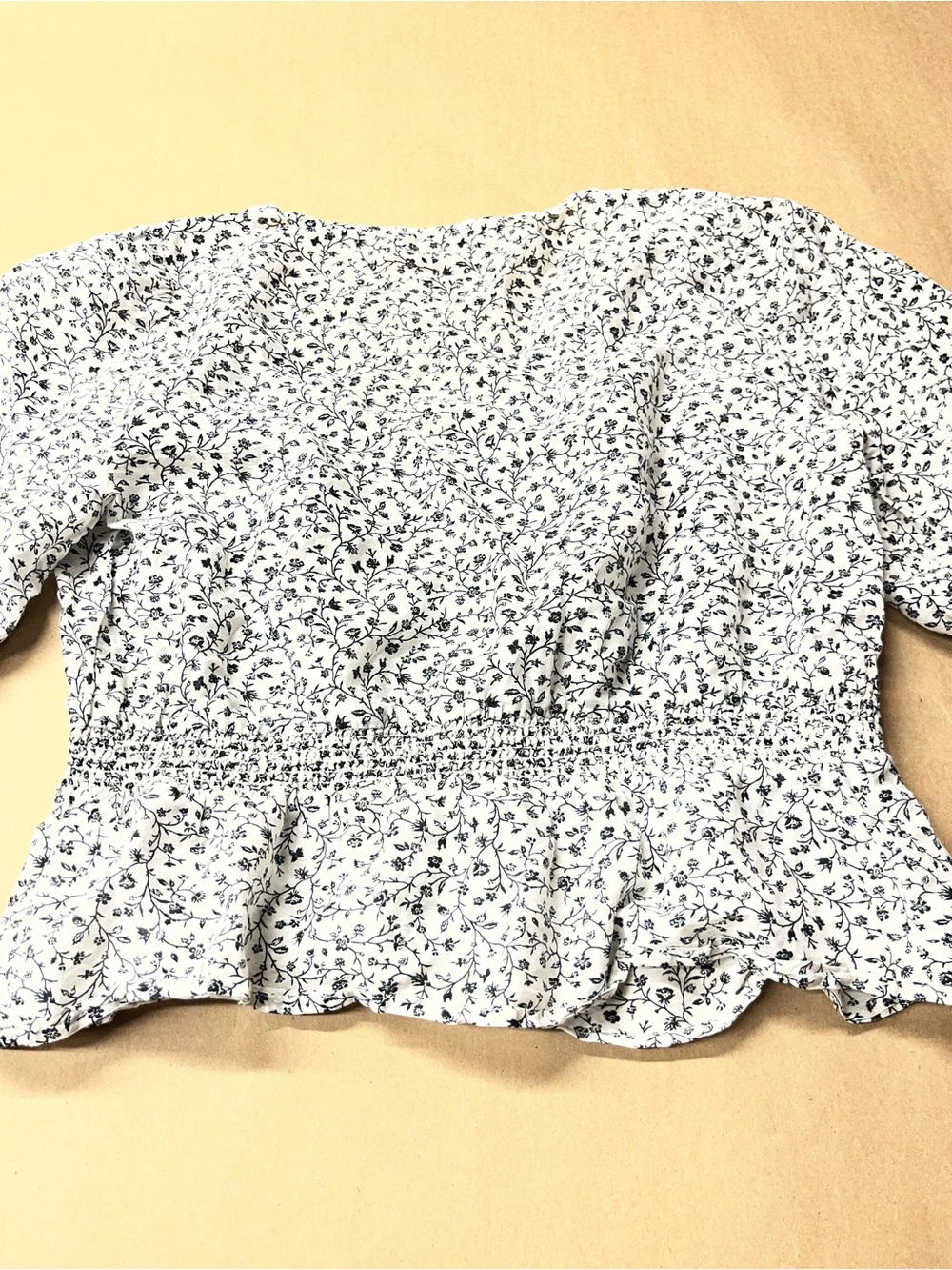 Madewell White Top with Navy Floral Print and Smocked Waist